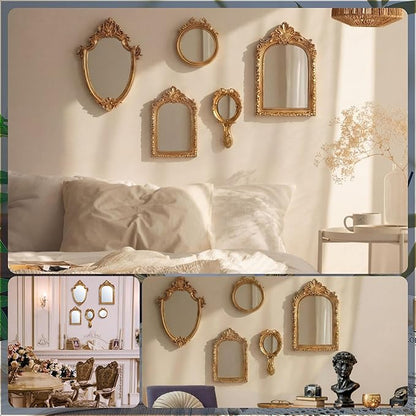 5 Pcs Vintage Gold Mirror Luxury Set Small Gold Mirrors Vintage Gallery Wall Mirror Hanging Antique Art Decor for Wall Living Room Entryway Assorted Sizes(Classic Style,13in/8in/7in/4in)