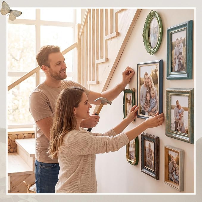 Kathfly 15 Pack Vintage Picture Frames for Wall or Tabletop Display Ornate French Country Frames Vintage Farmhouse Decor Antique Wall Art Set for Gallery Bedroom Living Room Decor (Blue-green Family)