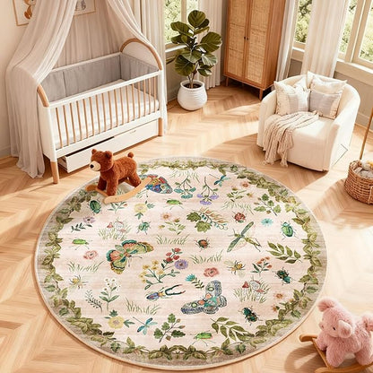 Washable Round Rugs for Bedroom 4ft: Living Room Rug Stain Resistant Non Slip Low Pile Ultra Soft Faux Wool Small Circle Rugs for Kitchen Entryway Bathroom Nursery Dorm Home Office Entrance Indoor