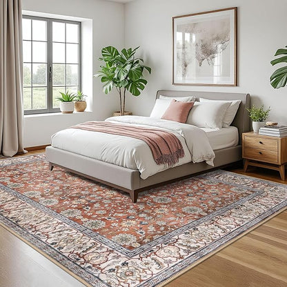 KUTA Vintage Floral 9x12 Area Rug, Large Washable Rugs for Living Room Non Slip, Red Clay Ultra Thin Soft Print Distressed Flower Low-Pile Traditional Carpet for Bedroom Dining Room Dorm Office