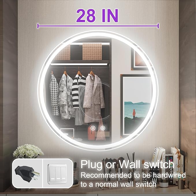 28 Inch Round LED Bathroom Mirror with Light, 6000K Dimmable Front & Backlit, Anti-Fog, Memory, CRI 90+, Frameless Round Vanity Mirror with Lights