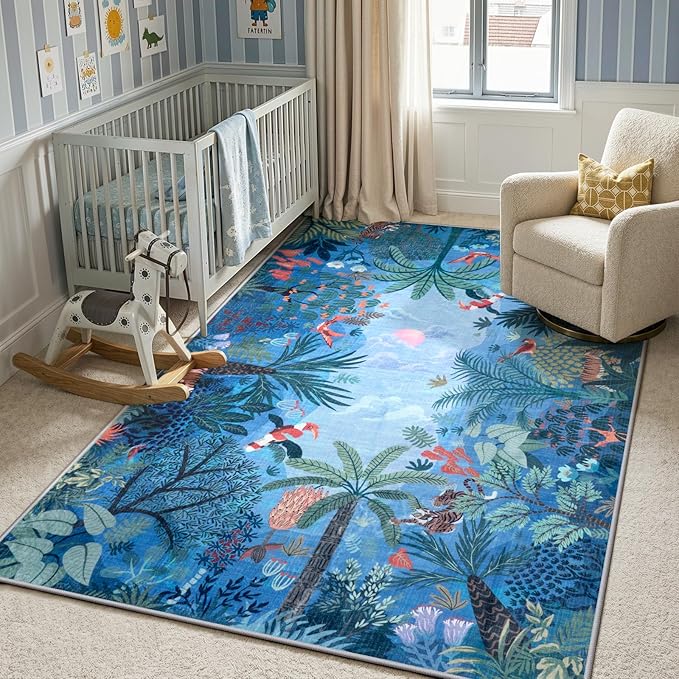 LIVEBOX Jungle Animal Print Dining Room Rugs for Under Table, Soft Modern Rug for Living Room, Washable Kids Rugs for Boy Bedroom, Non-Skid Blue Kids Carpet Playmat Rug for Play