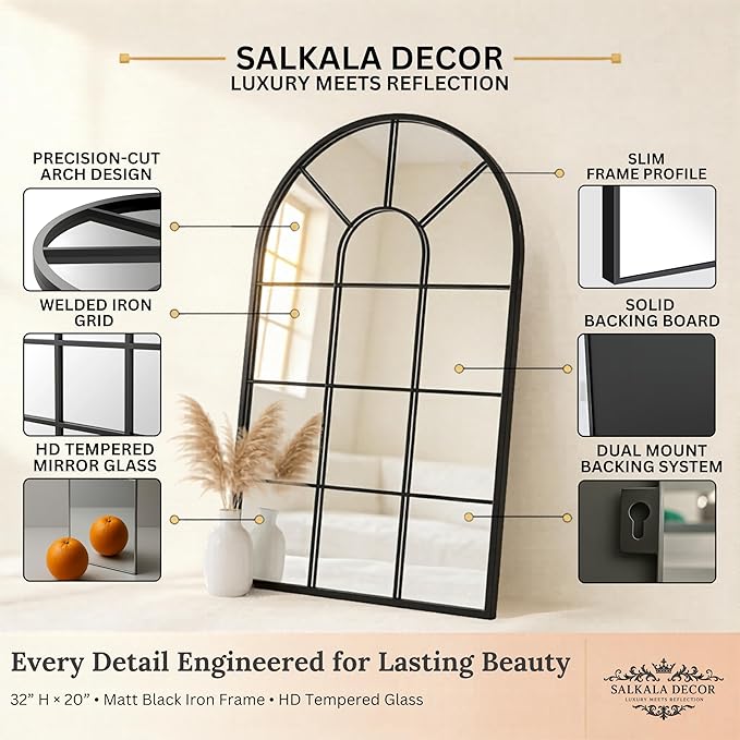 Black Arched Window Mirror | Farmhouse Decorative Wall Mirrors for Living Room, Bedroom, Entryway, Bathroom Vanity, Fireplace Mantel | Window Pane Mirror Wall Decor | Arch Mirror Modern Accent Décor