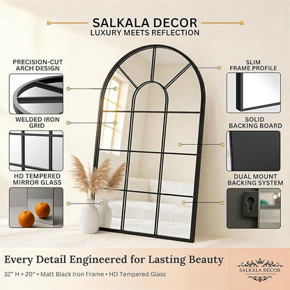 Black Arched Window Mirror | Farmhouse Decorative Wall Mirrors for Living Room, Bedroom, Entryway, Bathroom Vanity, Fireplace Mantel | Window Pane Mirror Wall Decor | Arch Mirror Modern Accent Décor