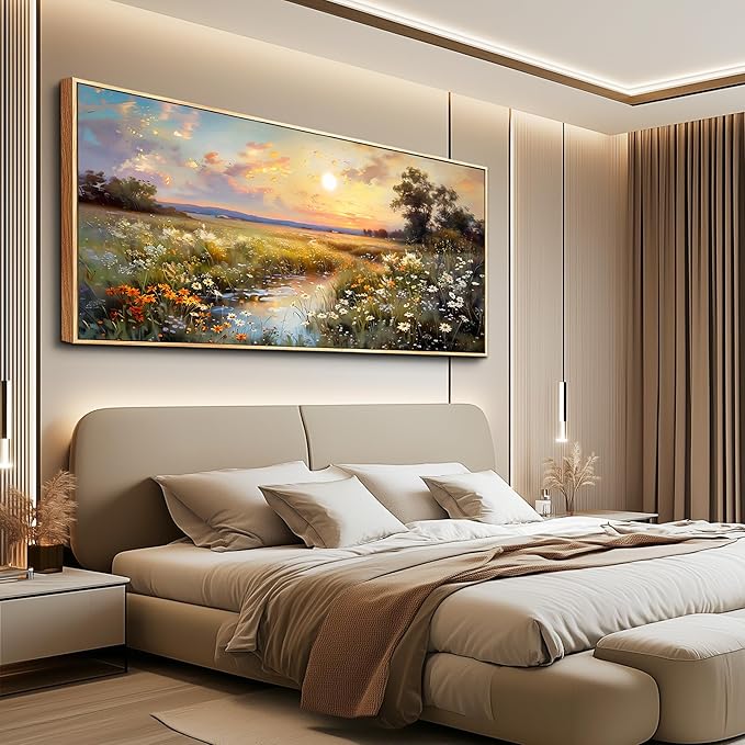 hyidecorart Large Framed Wall Art, Landscape Wall Art, Nature Wall Decor, Wildflowers Scenery Painting Prints, French Country Pictures for Living Room Bedroom Modern Farmhouse Decorations 32x72 In