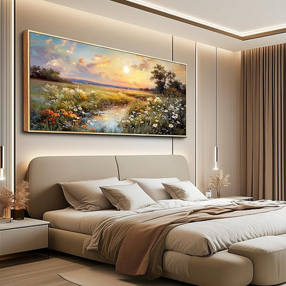 hyidecorart Large Framed Wall Art, Landscape Wall Art, Nature Wall Decor, Wildflowers Scenery Painting Prints, French Country Pictures for Living Room Bedroom Modern Farmhouse Decorations 32x72 In