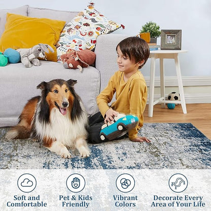 ROYHOME 2x6 Modern Abstract Runner Rug Non Slip Soft Machine Washable Stain Resistant Rugs Low Pile Non Shed Rug for Hallway Kitchen Bathroom, Navy