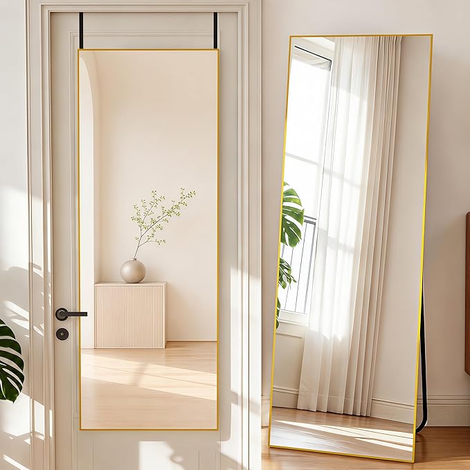 NARCISSUS 57x20 Mirror Door Hanging Full Length Body with Floor Stand or Wall Mounted Metal Aluminum Frame Tempered Glass Rectangle Mirrors for Bedroom Dressing Living Room Bathroom 57 inch Gold
