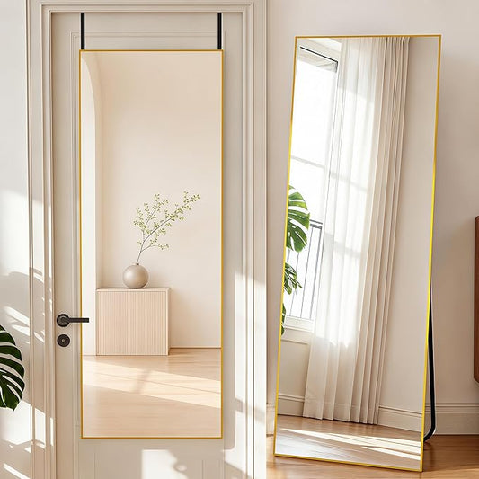 NARCISSUS 57x20 Mirror Door Hanging Full Length Body with Floor Stand or Wall Mounted Metal Aluminum Frame Tempered Glass Rectangle Mirrors for Bedroom Dressing Living Room Bathroom 57 inch Gold