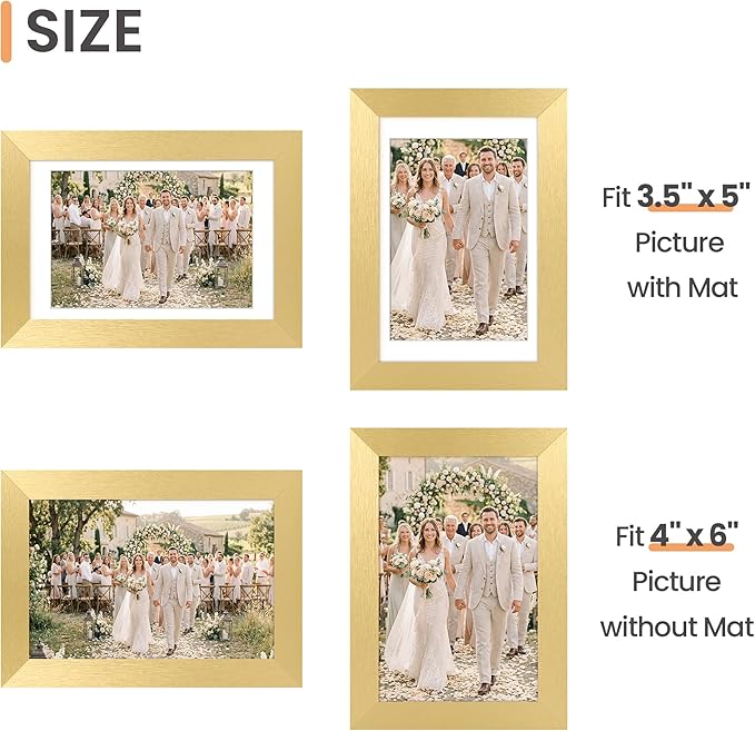 upsimples 4x6 Picture Frame Set of 10, Display Pictures 3.5x5 with Mat or 4x6 Without, Multi Photo Frames Collage for Wall or Tabletop Display, Gold