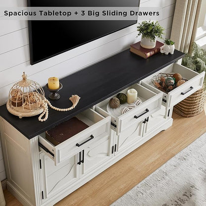 JXQTLINGMU TV Stand for TVs Up to 75", 66" Wide Entertainment Center with 4 Door & 3 Drawers, Media Console Table for Living Room, Off White