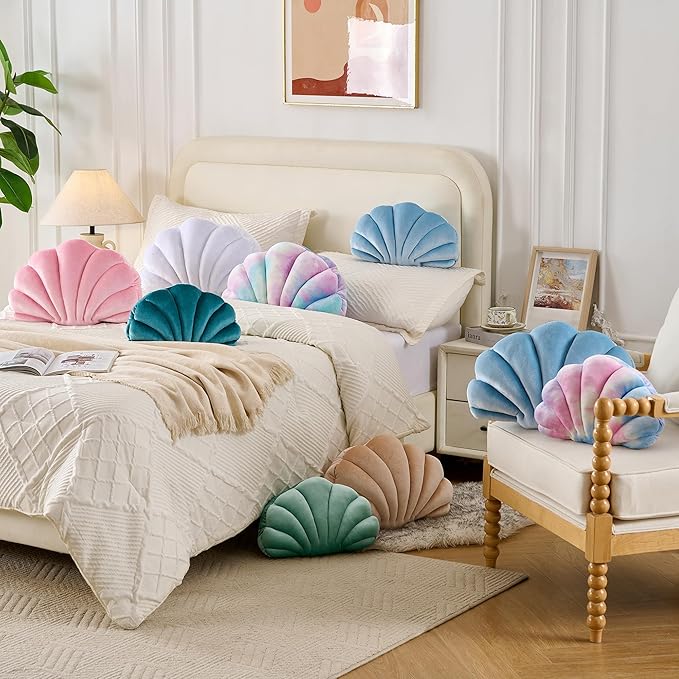 XIAIJIA Seashell Decorative Pillow Shell Shaped Throw Pillow 3D Insert Beach Pillow Soft Velvet Pillow Sea Ocean Decoration Couch Bed Pillow Cushions(Blue,14 X 11 inch)