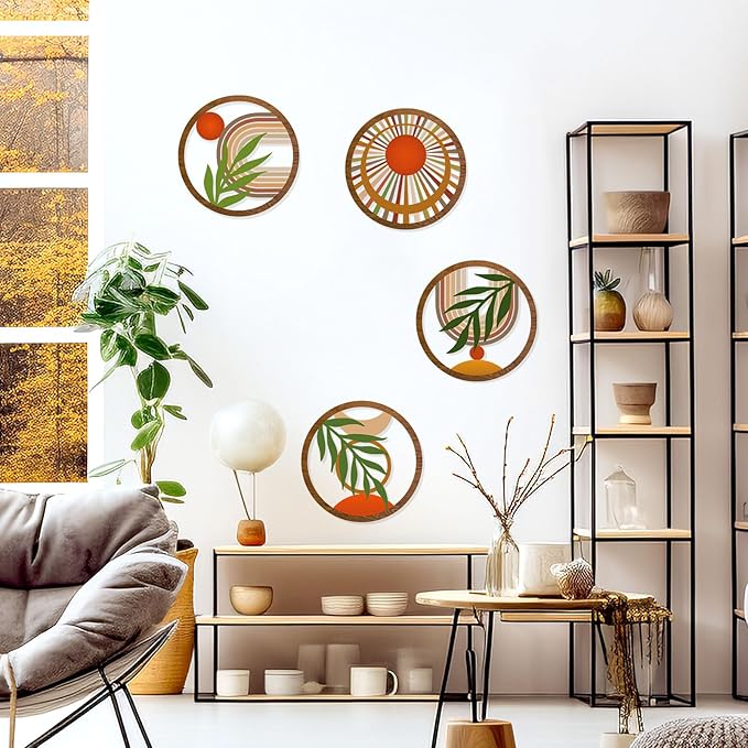 Zzbakress 4 Pcs Boho Wall Decor Rustic Wooden Hollow Bobo Wall Art Bohemian Bedroom Decor 10 inch Farmhouse Wall Hanging Decor Boho Minimalist Wall Art for Bedroom Living Room (Rustic, 4)