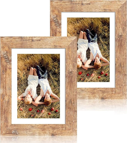 iRahmen 5x7 Picture Frame Set of 2, Rustic Brown Frame with High Definition Glass, Display Pictures 4x6 with Mat or 5 x 7 without Mat, Wood Photo Frame for Table top and Wall Mounting