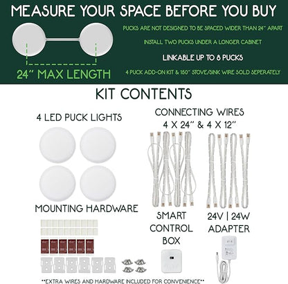 4 Puck Kit - Super Bright Wide Angle Light Spread - Smart Under Cabinet Lighting - 2700K-6500K - 95 CRI - WWA - Works With Alexa, Google, Apple - Matter Certified - Plug-In - Hands-Free Control Box