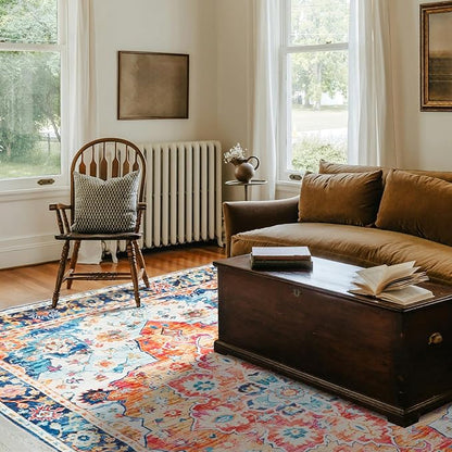 8x10 Area Rugs for Living Room, Machine Washable Vintage Rug, Non-Slip Low Pile Throw Rugs with Rubber Backing Washable Carpet for Bedroom Dining Room Kitchen Home Decor, Orange