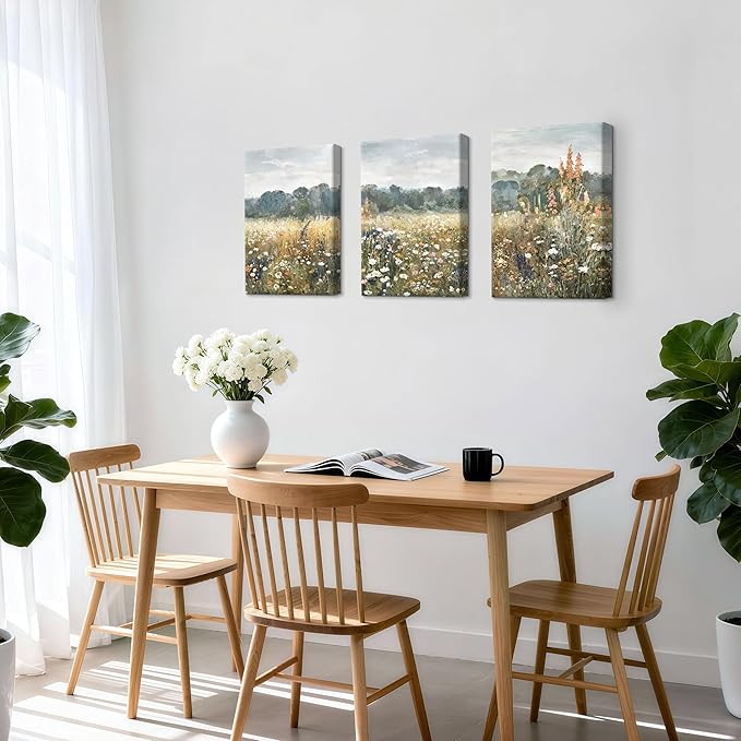 WENGTIAO 3Pcs Spring Wildflower Field Canvas Wall Art Prints Rustic Meadow Landscape Painting Nature Watercolor Flower Pictures Poster Vintage Farmhouse Artwork for Living Room Bedroom 12”x16”x3