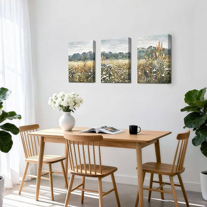 WENGTIAO 3Pcs Spring Wildflower Field Canvas Wall Art Prints Rustic Meadow Landscape Painting Nature Watercolor Flower Pictures Poster Vintage Farmhouse Artwork for Living Room Bedroom 12”x16”x3