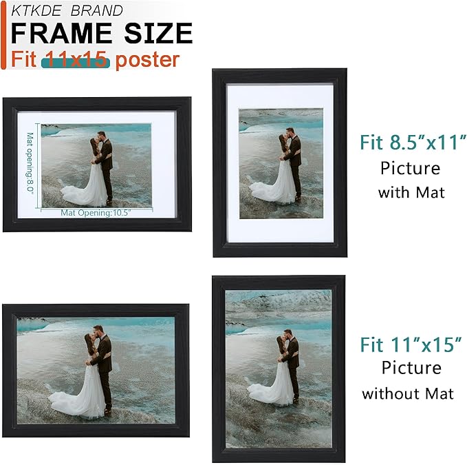 KTKDE 11x15 Picture Frame,Display Pictures 8.5x11 with Mat or 11x15 Without, Tempered Glass,15 by 11 Black Wooden Frame Wall Gallery Poster Frame best gift