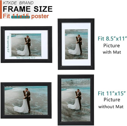 KTKDE 11x15 Picture Frame,Display Pictures 8.5x11 with Mat or 11x15 Without, Tempered Glass,15 by 11 Black Wooden Frame Wall Gallery Poster Frame best gift