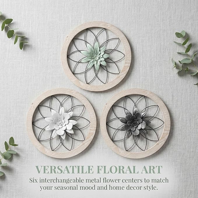 AIM & GGKK 3 Piece Round Farmhouse Wall Decor Set with Interchangeable Metal Flower, 12 Inch Rustic Wall Art for Living Room, Kitchen, Dining Room, Bedroom Modern Farmhouse Style