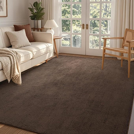 FinRèc 4x6 Washable Area Rugs for Bedroom Living Room, Low Pile Thin Rug Solid Color, Non-Slip Carpet Indoor for Home Decor (Pure Brown)
