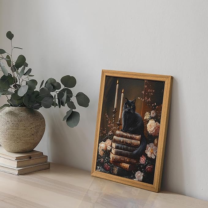 Framed 3D Textured Cat Wall Art – Vintage Books Floral Dark Academia Decor, Victorian Gothic Botanical Flowers Pictures for Living Room Bedroom Gallery Library Wall Decor – 16x24in