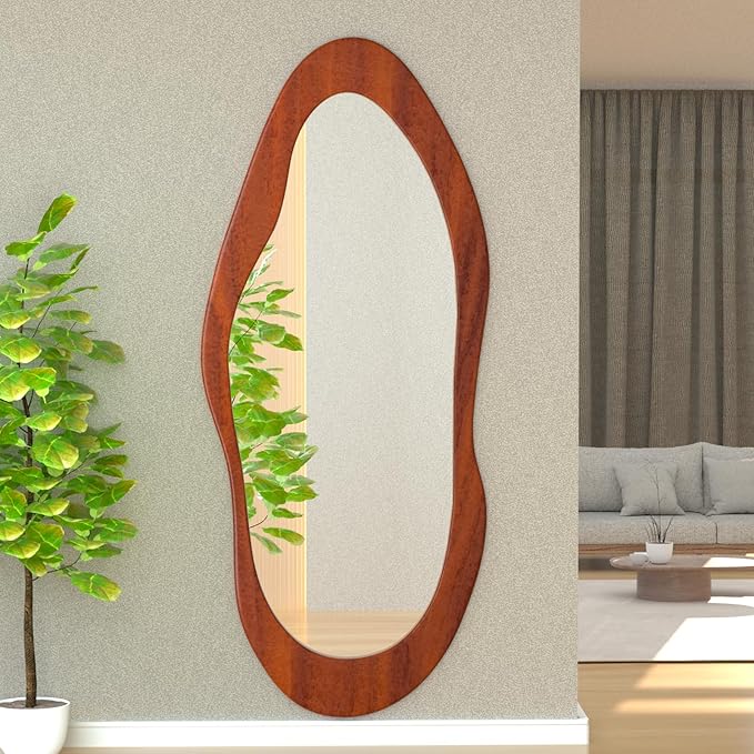 55"x 24" Irregular Wavy Full Length Mirror Brown Wooden Framed Full Body Mirror Irregular Wall Mirrors Hanging for Bedroom Living Room Cloakroom Walnut Brown Color