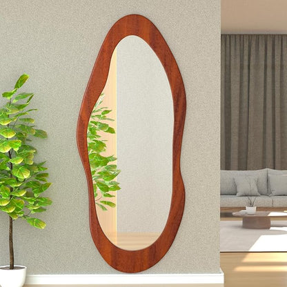 55"x 24" Irregular Wavy Full Length Mirror Brown Wooden Framed Full Body Mirror Irregular Wall Mirrors Hanging for Bedroom Living Room Cloakroom Walnut Brown Color