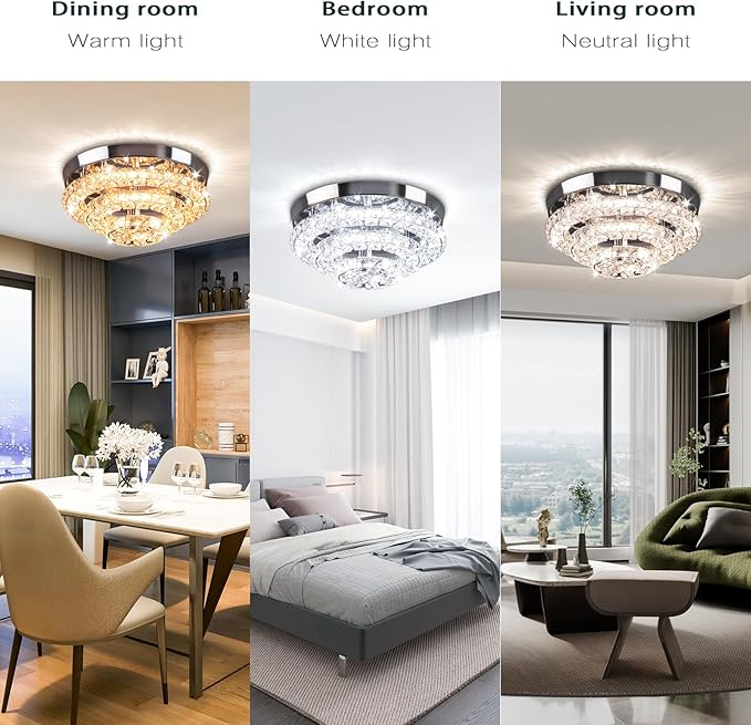 11.8" Modern Crystal Chandeliers LED Crystal Ceiling Light Fixture Flush Mount Ceiling Chandelier Light Chandelier for Dining Room Hallway Three-Tier Dimmable with Remote Control
