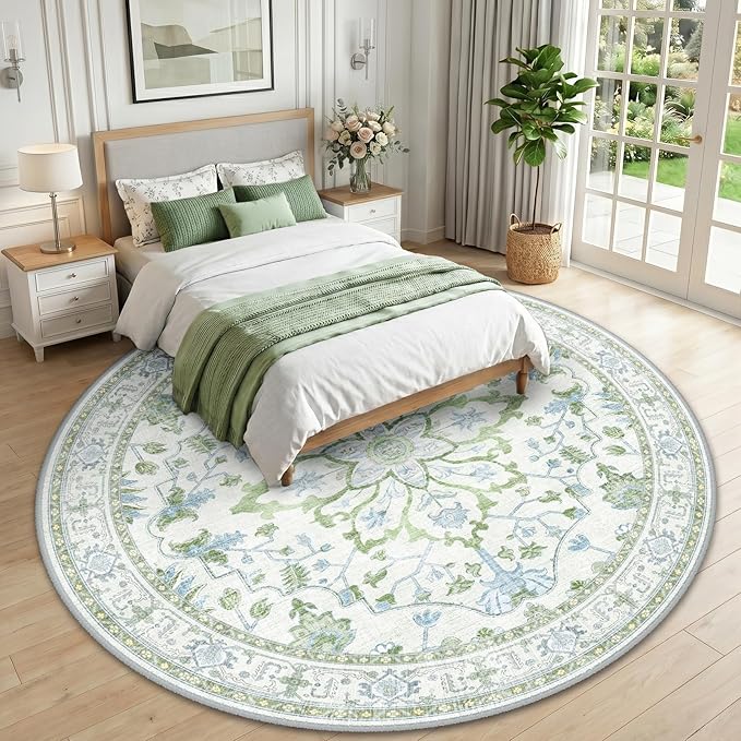 RELEANY Area Rugs Round 10ft Washable Non-Slip, Floral Vintage Distress Print Pattern Medallion Carpet for Living Room Bedroom Dining Room, Green White Blue
