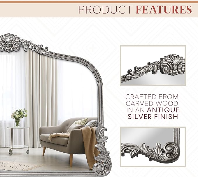 Wylde Iris English Estate Carved Arch Wood Wall Mirror, Mirror for Entryway, Living Room, Bathroom, Antique Silver, 26x37