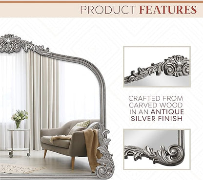Wylde Iris English Estate Carved Arch Wood Wall Mirror, Mirror for Entryway, Living Room, Bathroom, Antique Silver, 26x37
