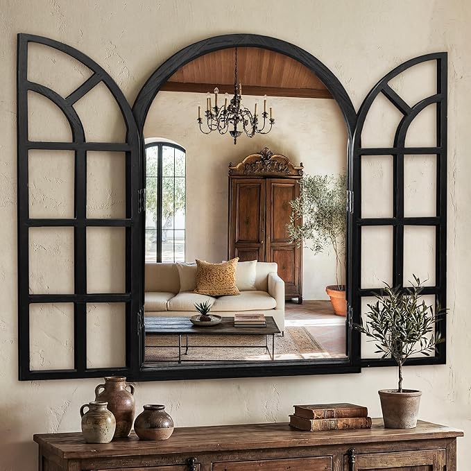 TRAHOME Arched Windowpane Mirror, 28"x40" Black Wood Frame Rustic Farmhouse Wall Mirror, Vintage Decorative Window Mirror for Living Room, Entryway, Bathroom