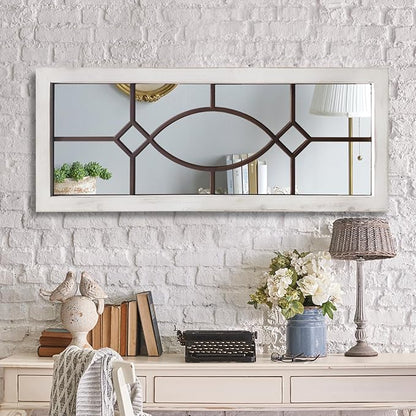 Farmhouse Mirror for Wall Decor: 43.3" x 17.7" Large Rustic Windowpane Mirrors with Wooden Frame- Decorative Entryway Mirror for Living Room/Bedroom/Hallway/Fireplace
