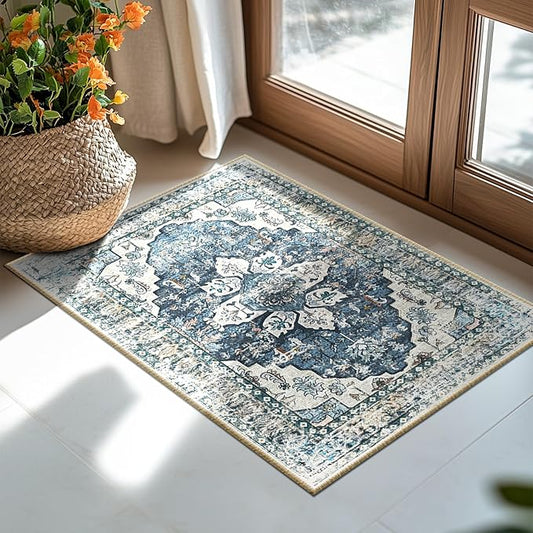 BESTSWEETIE 2x3 Area Rug Washable Rugs for Living Room, No Pile Boho Carpet for Entryway Bedroom Dinning Room, Vintage Carpet Print Distressed Non-Slip, 2 x 3 ft, Blue Navy