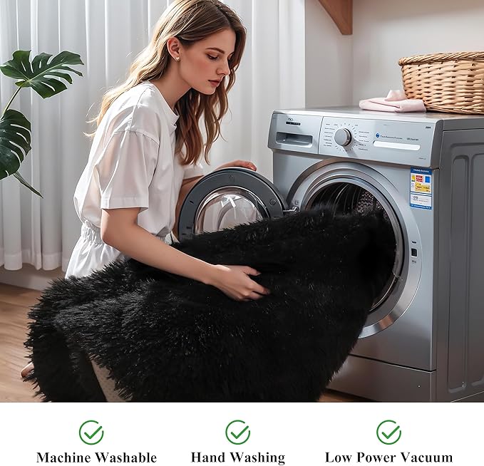 KICHOWUA 4x6 Black Fluffy Shag Rug for Bedroom, Ultra Soft Plush Fuzzy Washable Cozy Carpet for Living Room, Modern Non Slip Floor Comfy Furry Shaggy Area Rug for Kids Baby Boys Girls Nursery Dorm