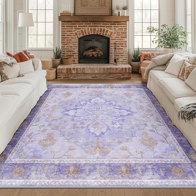 RELEANY Area Rugs Square 8ft Washable Non-Slip, Floral Vintage Distress Print Pattern Medallion Carpet for Living Room Bedroom Dining Room, Light Purple Brown