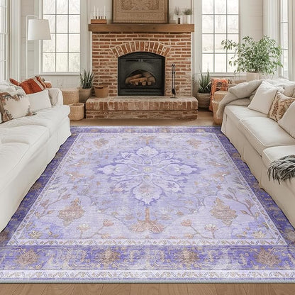 RELEANY Area Rugs Square 8ft Washable Non-Slip, Floral Vintage Distress Print Pattern Medallion Carpet for Living Room Bedroom Dining Room, Light Purple Brown