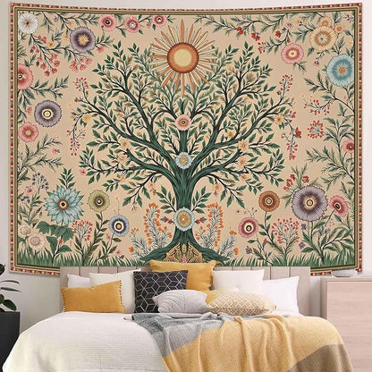 Lunerfex Chakra Tree Wall Tapestry - Celestial Sun & Floral Wall Hanging for Bedroom and Living Room - Boho Spiritual Decor Tapestries 48"x36"