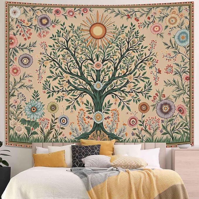 Lunerfex Chakra Tree Wall Tapestry - Celestial Sun & Floral Wall Hanging for Bedroom and Living Room - Boho Spiritual Decor Tapestries 60"x44"