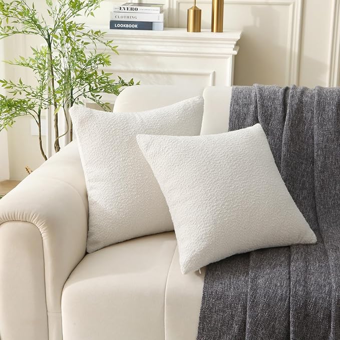 Complete Throw Pillows with Inserts, Set of 2 Decorative Throw Pillow-Boucle-18 x 18"-Square Boho Pillows for Couch, Patio, Bed, Sofa Decor (White, 18" x 18"(Pack of 2))