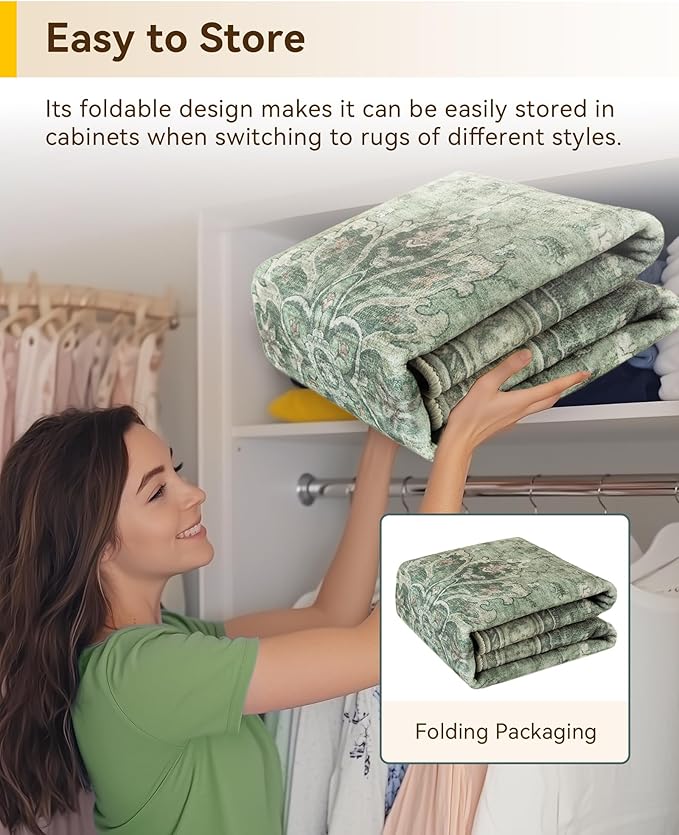 RELEANY Area Rugs 9'x12' Washable Non-Slip, Floral Vintage Distress Print Pattern Medallion Carpet for Living Room Bedroom Dining Room, Dark Green Gray