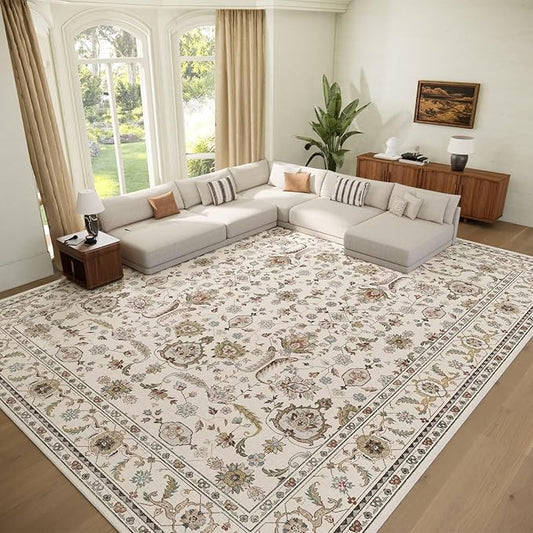 Washable 9x12 Area Rugs for Living Room, Boho Non-Slip Vintage Distress Lager Rugs for Bedroom Dining Room Nursery Office, 0.3" Neutral Oriental Throw Thin Carpet, Beige/Rust/Multi, B1