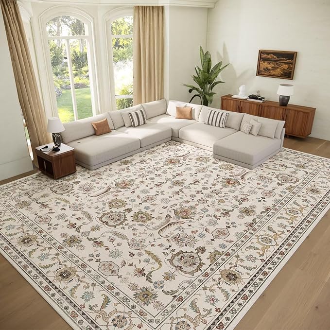 Washable 10x14 Area Rugs for Living Room, Boho Non-Slip Vintage Distress Large Rugs for Bedroom Dining Room Office, 0.3" Neutral Oriental Throw Thin Carpet, Beige/Rust/Multi, B1