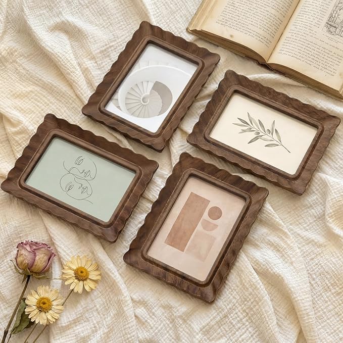 Novabright 4 Pcs 5 x 7 Inch Wood Scalloped Petal Picture Frame Vintage Photo Frame with Real Glass for Tabletop and Wall Display Home Decor Photo Gallery Family Friend Wedding Graduation Gift