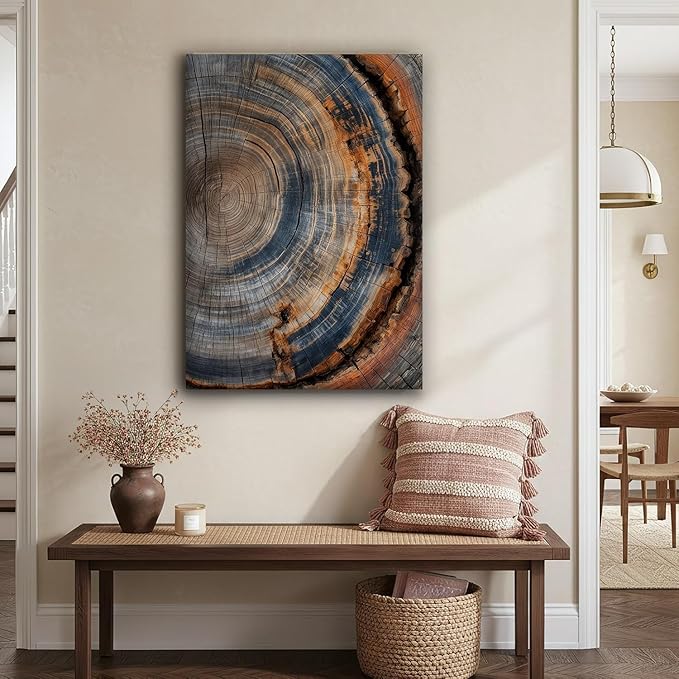 IBHJSART Framed Tree Ring Canvas Wall Art Vintage Colorful Wood Stump Painting Prints Modern Minimalist Pictures Neutral Nature Rustic Farmhouse Decor Living Room Bedroom Bathroom Office