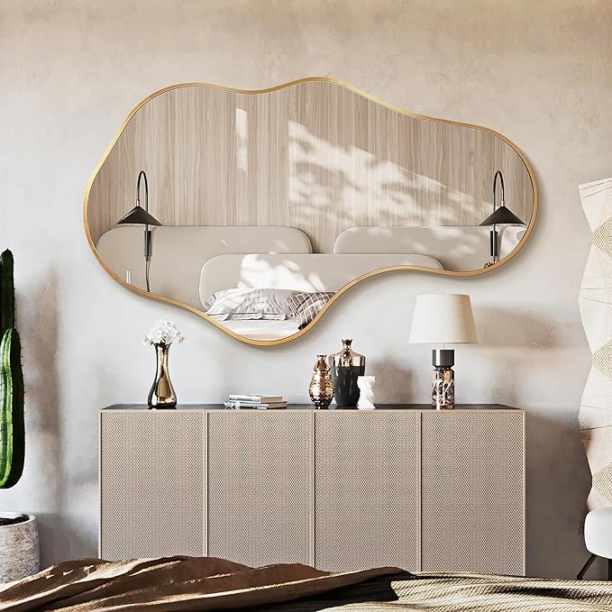 Dorlicecass Mirror Full Length - Wall Mirrors Decorative 26"x 43" Asymmetrical Abstract Aviation Aluminum Alloy Frame Unique for Bathroom, Bedroom, Living Room, Cloakroom, Entryway Gold