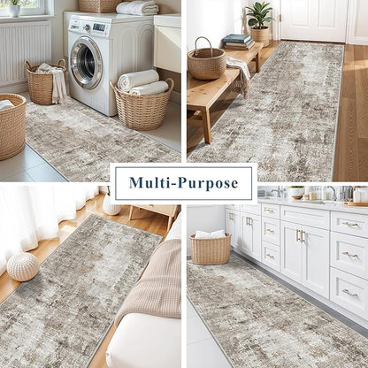 3x8 Washable Non-Slip Runner Rug – Modern Abstract Neutral Wide Carpet Runner for Kitchen, Hallway, Entryway, Bathroom, Bedroom – Low-Pile Thin Floor Mat with Rubber Backing (Beige Grey)