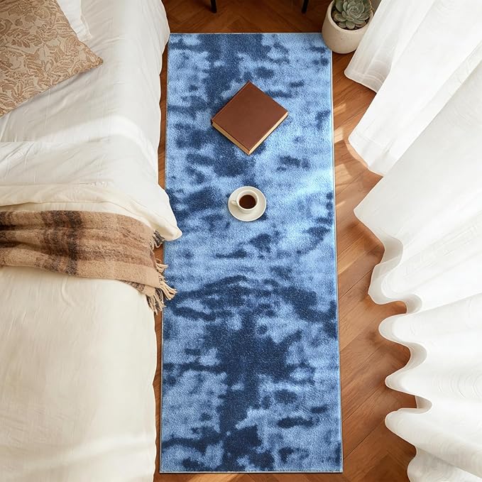 FinRèc 2x6 Washable Runner Rugs for Kitchen Hallway Bedroom, Low Pile Thin Ultra Soft Shag Rug, Non-Slip Carpet Indoor for Home Decor (Tie-dye Teal)